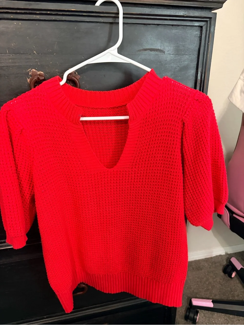 Red Knit V-Neck Women's Sweater